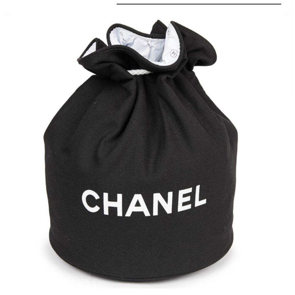 CHANEL Drawstring Black Canvas Bucket Bag